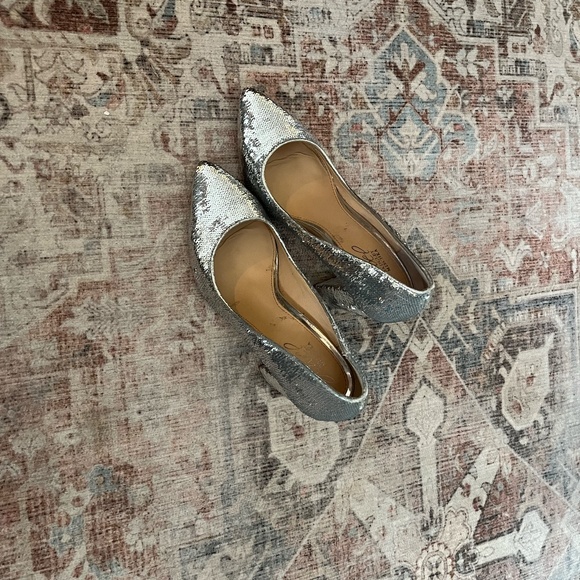 Badgley Mischka Silver Sequinned Block Heels - Picture 4 of 4